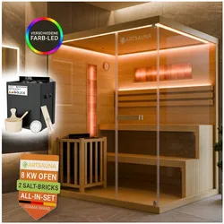 ARTSAUNA® Traditionelle Sauna Vantaa natur - moderne Indoorsauna für 4 Personen, Hemlock Holz, Sicherheitsglas, RGB LED Beleuchtung mit Fernbedienung, Saunaofen 8 kW