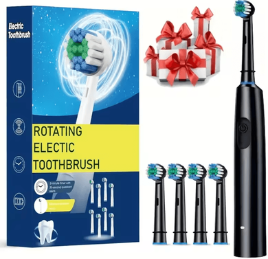 Uplift Curations Rechargeable Electric Toothbrush With Rotary Action 8 Soft Brush Heads Oral Care Set black 4 Heads