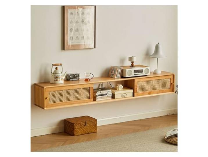 DFHS46JK Multimedia-Möbel Schwebender TV-Schrank aus Holz mit Präsentationsregalen für das Wohnzimmer(Nature,Mittel)