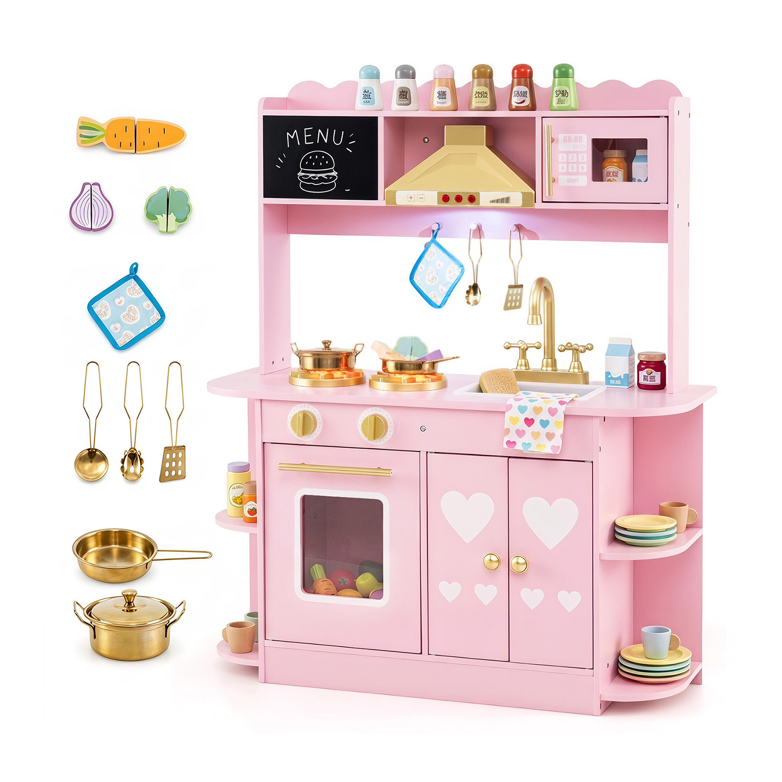 Costway Houten Kinderspeelkeuken Roze met Magnetron, Oven, Kookplaat, Gootsteen en Kraan
