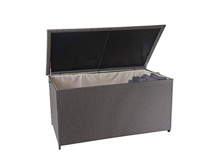 Mendler Poly-Rattan Kissenbox HWC-D88 80x160x94cm 950l - grau Gartentruhe, Auflagenbox, Truhe, Premium