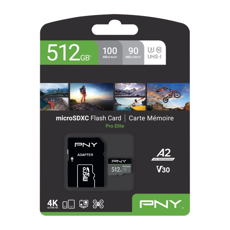 512GB PNY Micro-SD Card Pro Elite Class 10 XC UHS I U3 A1 V30 SD adapter