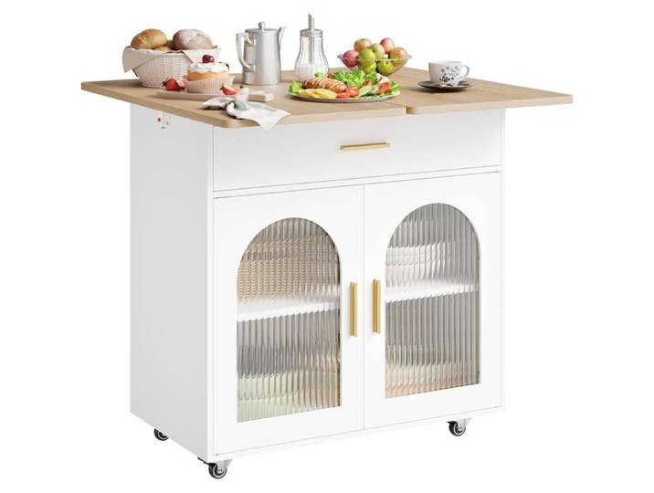 Îlot de cuisine mobile - WOLTU - Plateau pivotant repliable - Chêne + Blanc