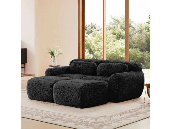 DRIPEX Canapé modulaire deux places avec 2 poufs amovible canapé-lit en tissu peluche doux 204×179×73cm Noir