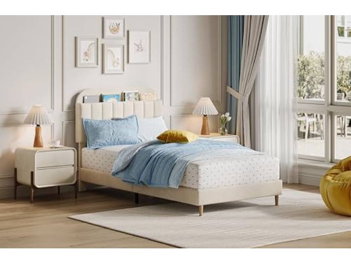 OPULENTHOME Bett mit Lattenrost, Einzelbett für Jugendliche, 195 x 100 cm, gepolsterter Kinderbettrahmen mit Aufbewahrung, für Jugendliche und Kinder