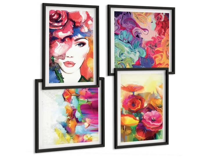 BILDER SET 4er Set - 50x50 cm & 40x60 cm Schwarzer Rahmen - Porträt von Blumen in intensiven Farben