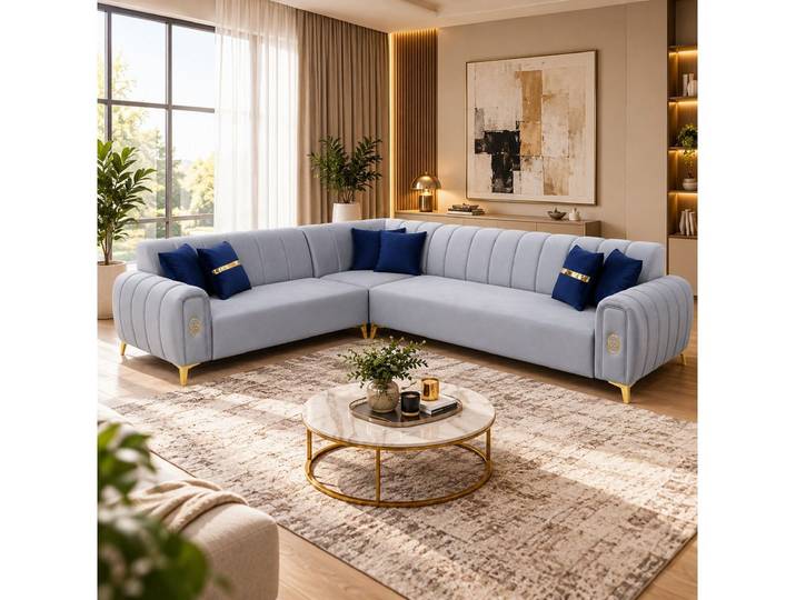 Polsterei Marya Ecksofa Handgefertigtes Premium L-Form 245 × 295 cm, Handgefertigte Wohnlandschaft, hochwertiger Komfort, Hellgrau & Gold