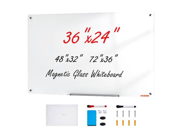 Tableau blanc magnétique en verre SucceBuy 36 x24 /48 x32 /72 x36 – Tableau effaçable à sec mural grand format sans cadre pour l'école et le bureau