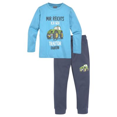 Shirt & Hose KIDSWORLD "2tlg. Set Langarmshirt + Hose", Jungen, Gr. 104/110, blau (türkis marine), Interlock, Obermaterial: 100% Baumwolle. Obermaterial Hose: 100% Baumwolle, bedruckt, KOB Set-Artikel, MIR REICHTS, ICH GEH TRAKTOR FAHREN