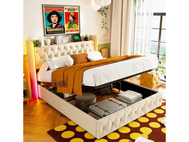 Lit Coffre 160x200 - KILISKY - Blanc - Tête de Lit avec USB - Éclairage LED Intégré
