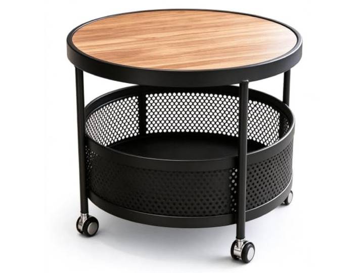 RunderCouchtischmit Rollen,2-stufiger Aufbewahrungstisch for das Wohnzimmer Mobiler runder Couchtisch auf Rollen, Tischplatte aus Holz, Metallrahmen, 2-stufiger Aufbewahrungs-Cocktailtisch