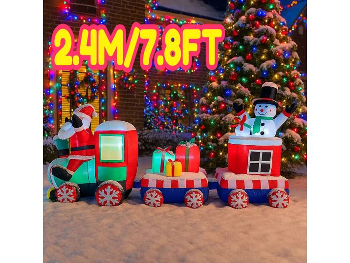 Jouet gonflable de décorations de noël de 2.4M/7.8 pieds, Train du père noël, ornements de cour de maison avec décor LED, jouet de fête de noël en plein air