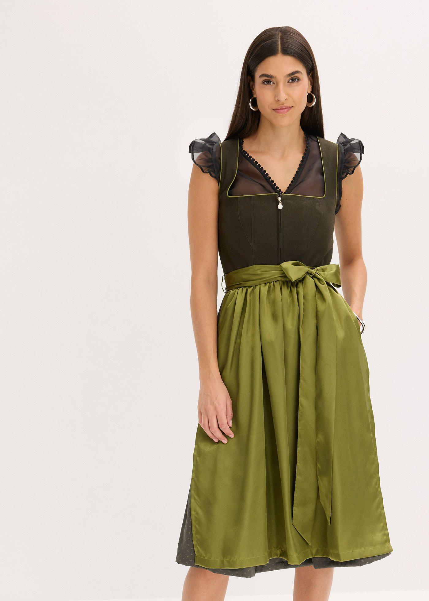 bonprix Dirndl und Schürze (2-tlg.Set), grün, Gr.46, Modern und feminin: Dirndl mit Leinen-Mix-Mieder und einem Jaceuard-Rock sowie einer Schürze aus glänzendem Satin.