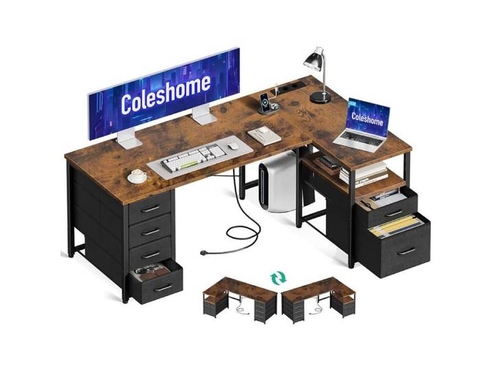 Bureau d'angle avec Tiroirs en Tissu 140x80cm Réversible Bureau en L avec Tiroir Classeur Bureaux Ordinateur avec Port