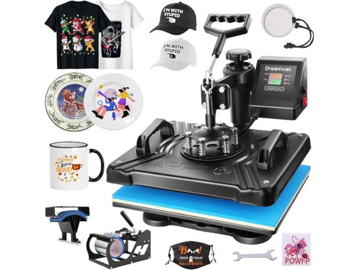 Transferpresse 30 x 38 cm, Transferpresse, 360°-Schwenkfunktion, mit Zubehör, inklusive Zubehör für Becher, Hüte und Sublimations-Shirts. Schnelle und gleichmäßige Erwärmung (Schwarz-5 in 1)