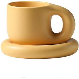 Youfap Market Handmade Chubby Mug With Saucer, Creative Nordic Ceramic Cup For Coffee, Tea, Milk & Cake, Personalized Oval Plate yellow