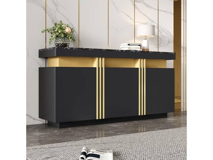Merax Sideboard, Küchenschrank, Aufbewahrungsschrank mit 3 Türen, Moderne Buffetschrank mit Arbeitsplatte, Verstellbares Regal, Esszimmerschrank für Wohnzimmer, Esszimmer, Flur, Marmoroptik, Schwarz