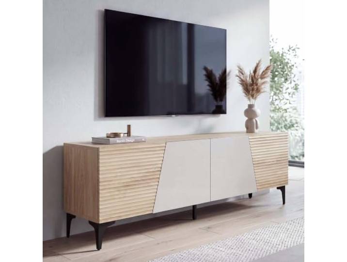 TV-Rack HWC-Q83, 3D-Struktur Türen Staufächer 55x160x42cm - Eiche-Optik Lowboard, TV-Schrank, MDF, Melamin