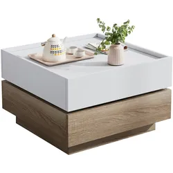OKWISH Drehbarer Couchtisch 360° mit 2 Schubladen Moderner Beistelltisch MDF Wohnzimmertisch Stauraum Funktional Weiß Walnuss 38x60x60 cm
