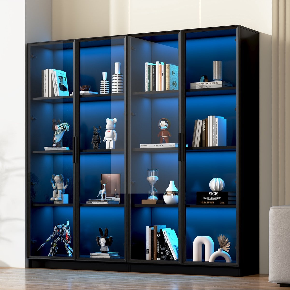 MODFU Vitrinekast met glazen deuren en LED-verlichting, zwart