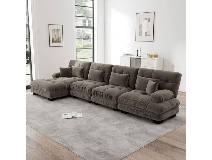 Canapé d'angle modulaire - 4 places - Ottoman amovible - Chenille - Marron - 406x145x81 cm - Design modulaire