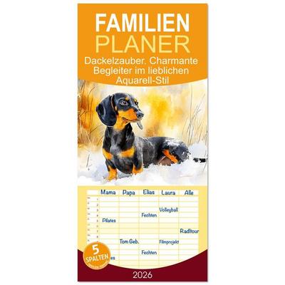 Familienplaner 2026 - Dackelzauber. Charmante Begleiter im lieblichen Aquarell-Stil mit 5 Spalten (Wandkalender, 21 x 45 cm) CALVENDO