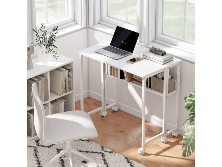 HOMCOM Bureau Pliant Blanc avec Étagère et Roues