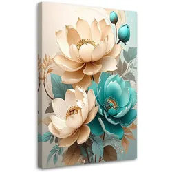 LEINWANDBILD, Cremefarbene und türkisfarbene Blumen in einer dekorativen Komposition