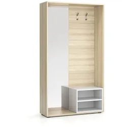 Garderobenwand BORDER mit Schuhschrank und Spiegel, 2 Kleiderhaken, Eiche natur/Weiß