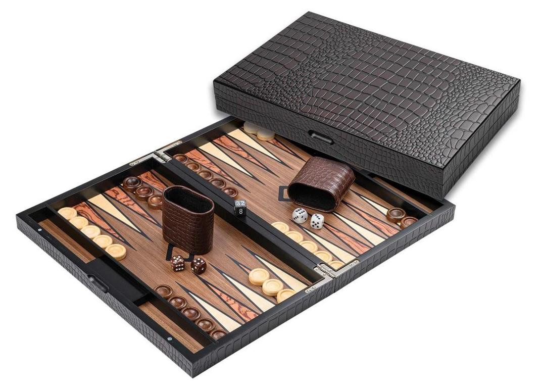 Philos Backgammon houten spelkoffer met kroko-look, middelgroot model
