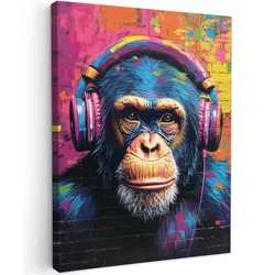 LEINWANDBILD Graffiti - Schimpanse - Straßenkunst - Kopfhörer - Affe Room Decor 30x40 cm