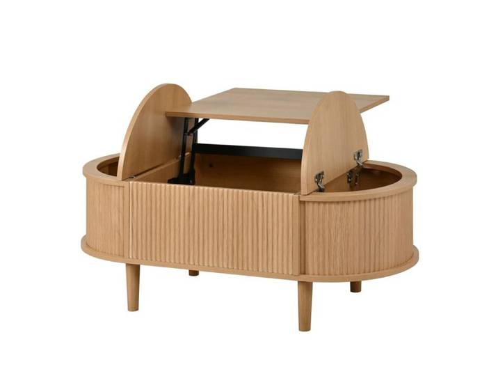Table basse ovale relevable – Style vintage – Rangement latéral – MDF – Couleur chêne