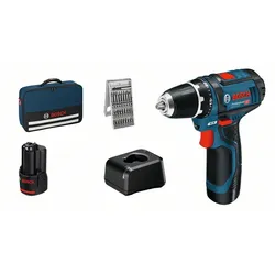 Bosch Akku-Bohrschrauber Bosch GSR 12V-15 in Tasche 12,0V/2x2,0Ah + 25-tlg. Zubehörset