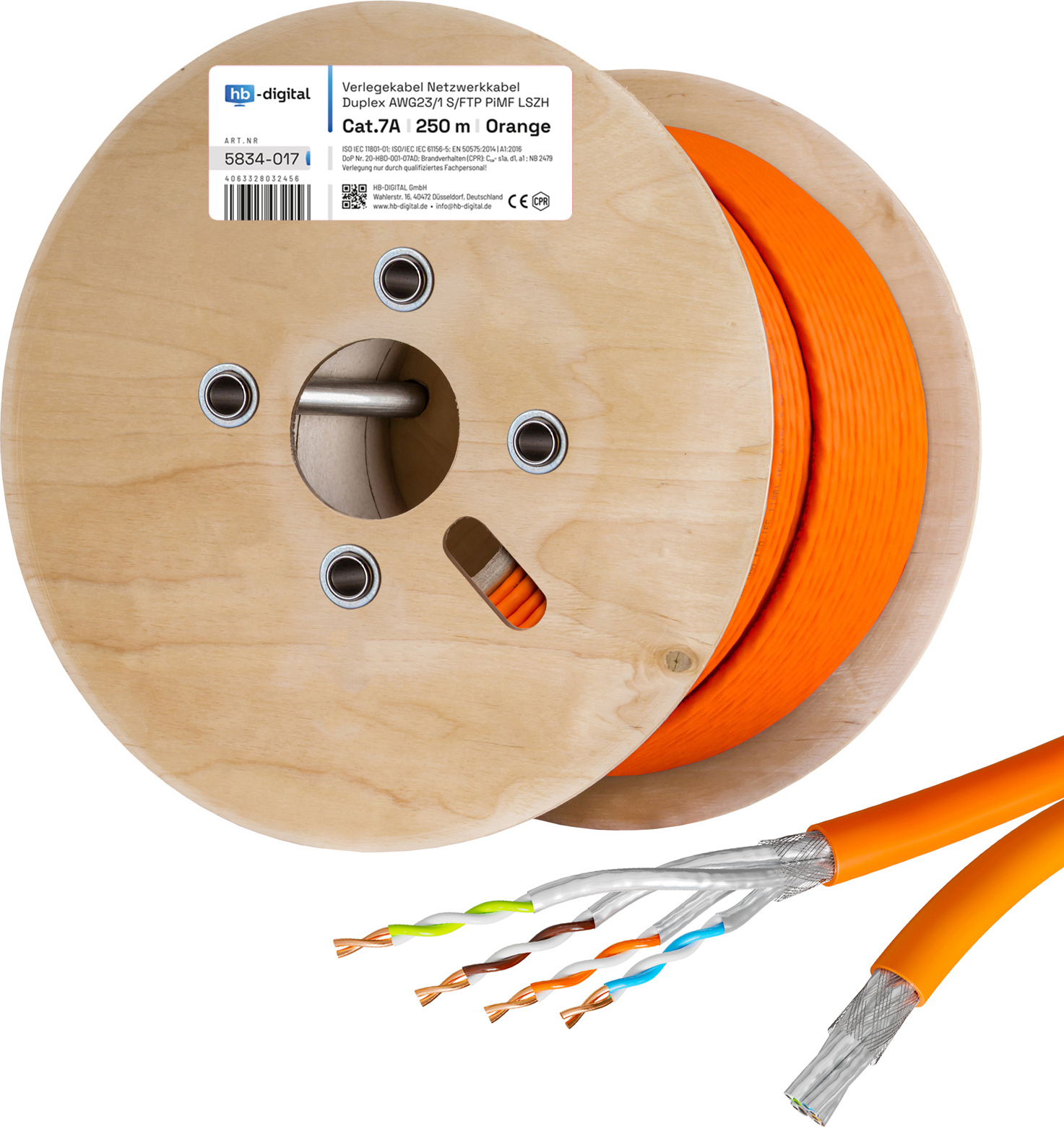 hb-digital Verlegekabel Duplex Netzwerk CAT 7a Installationskabel 250m max. 1200 MHz S/FTP AWG23 LSZH orange
