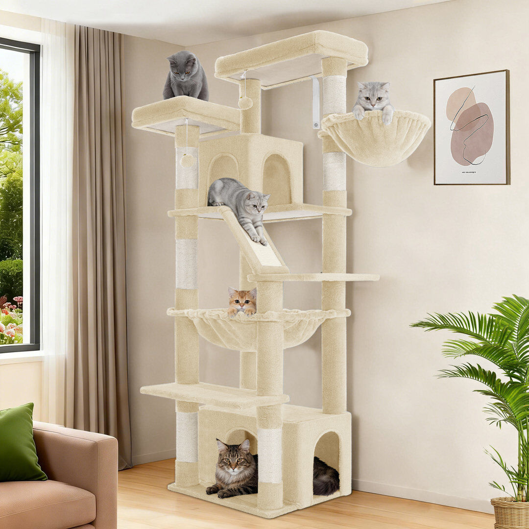 Happy Larry Large Cat Tree, 183 cm Tall Cat Tower for Indoor Cats Large Cats, Corner Climbing Tower with 6 Sisal Scratching Posts, 2 Large Platforms, 2 Caves, Ham Beige 183cm H X 55cm W X 45cm D