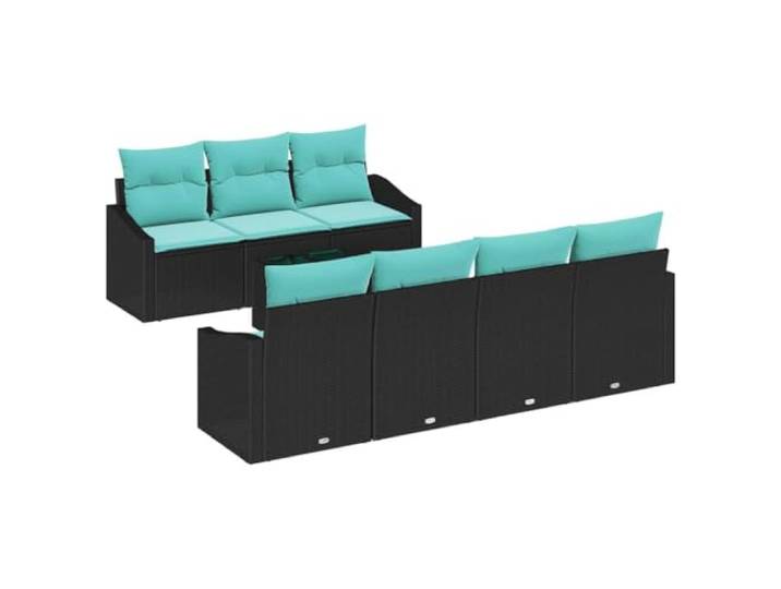 ZQQLVOO Sofa Set 8 STK. 3-Sitzanzahl Schwarz und Türkis Poly Rattan Poly-Rattan, pulverbeschichteter Stahl, abnehmbare Sitzkissen, Temperglas-Tischplatte, modulares Layout, Garten, Terrasse