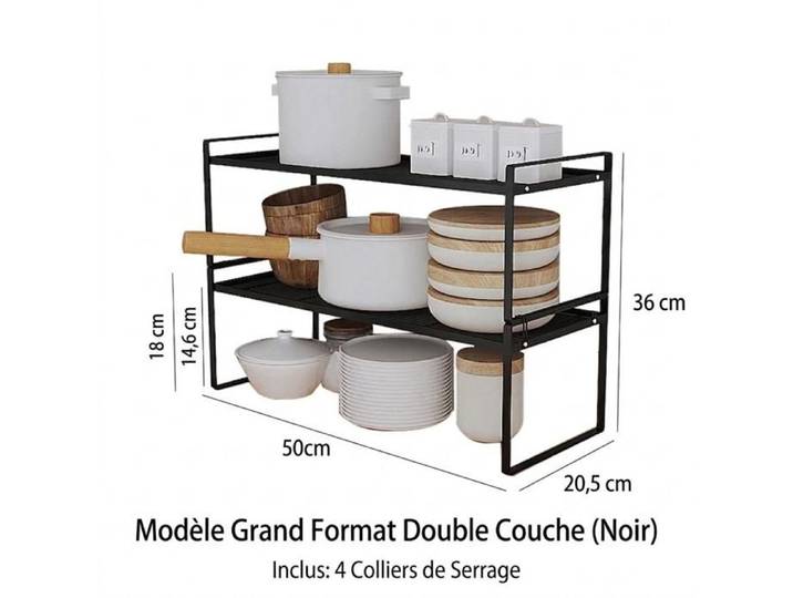 Étagère rangement 2 niveaux 50cm – noir pour placard/plan de travail vaisselle/épices gain de place
