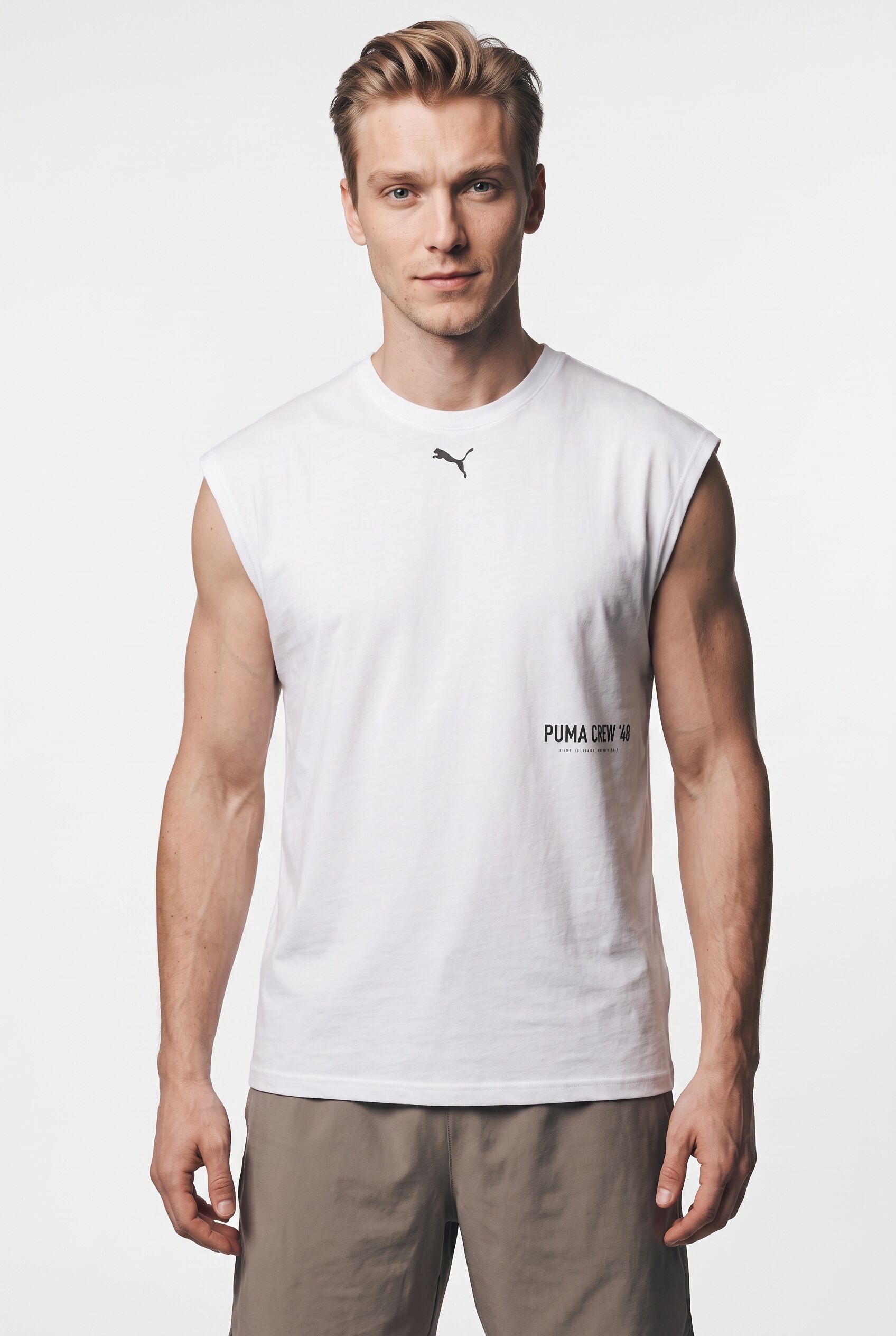 Trainingsshirt PUMA "M GRAPHIC CUTOFF TANK", Herren, Gr. S, weiss (puma weiß), Jersey, Obermaterial: 50% Polyester, 25% Baumwolle, 25% Viskose, regular fit normal, Rundhals, Shirts Trainingsshirt, Regular Fit, atmungsaktiv, schnell trocknend, Rundhalsauss