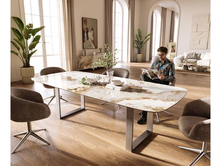 DELIFE Esstisch Edge Boot 260x120 cm Keramik Minas Melange Weiß-Beige Edelstahl Schmal, Esstische