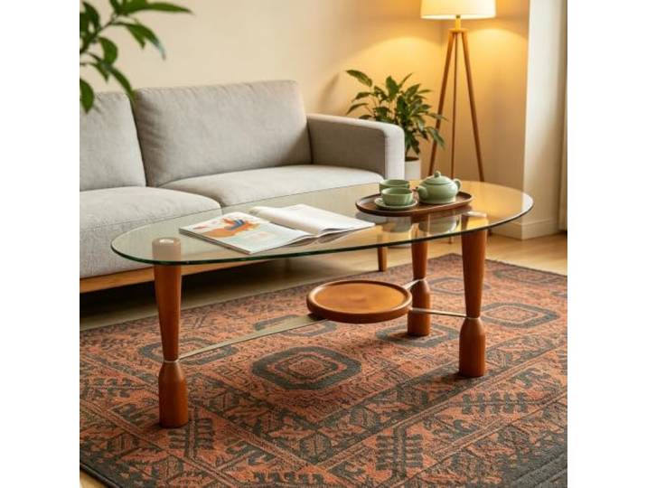 EBOYNSowAprr Ovaler gläserner Couchtisch für Wohnzimmer Zweistöckiger moderner Mitteltisch mit Massivholzablage, Minimalistisches Mid-Century Design(Walnut,41.7x22.0x15.7 in)