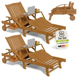 Juskys® 2er Set Sonnenliege SunScape - Akazie, Natur, geölt, klappbar, inkl. Klapptisch, 196x72,5x30 cm