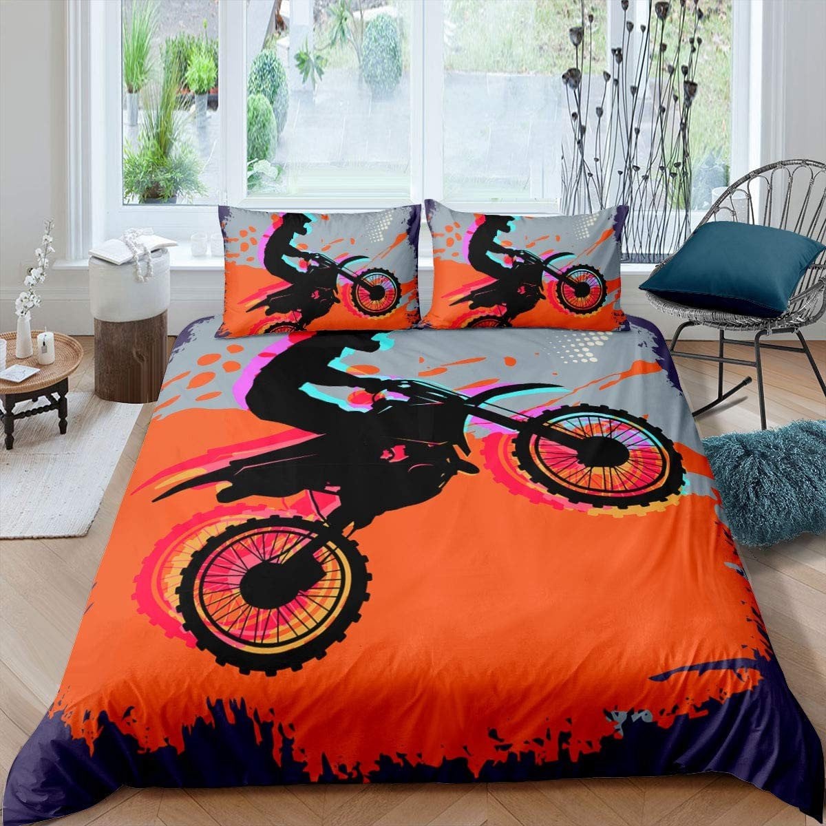 Elzusha Dekbedovertrekset Motocross 3D Tweepersoons - Oranje Snelheid Thema