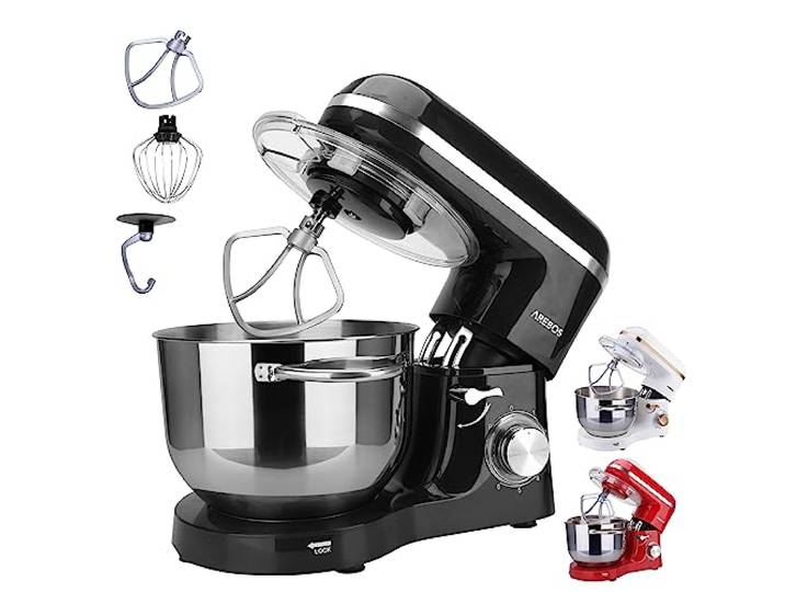 Arebos Küchenmaschine 1500 W 6 L Knetmaschine Teigmaschine Schwarz Rührmaschine für Pizzateig & Brot Edelstahl-Rührschüssel Rührhaken, Knethaken & Schneebesen 6 Stufen Küchenmixer