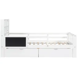 MODFU Kinderbett Massivholz+MDF Weiß 90x200 cm mit Sicherheitsleiste, Tafel und 2 Schubladen