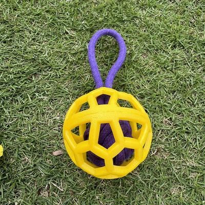 Market Central Durable TPR Dog Chew Ball With Rope Handle Interactive Training Toy yellow