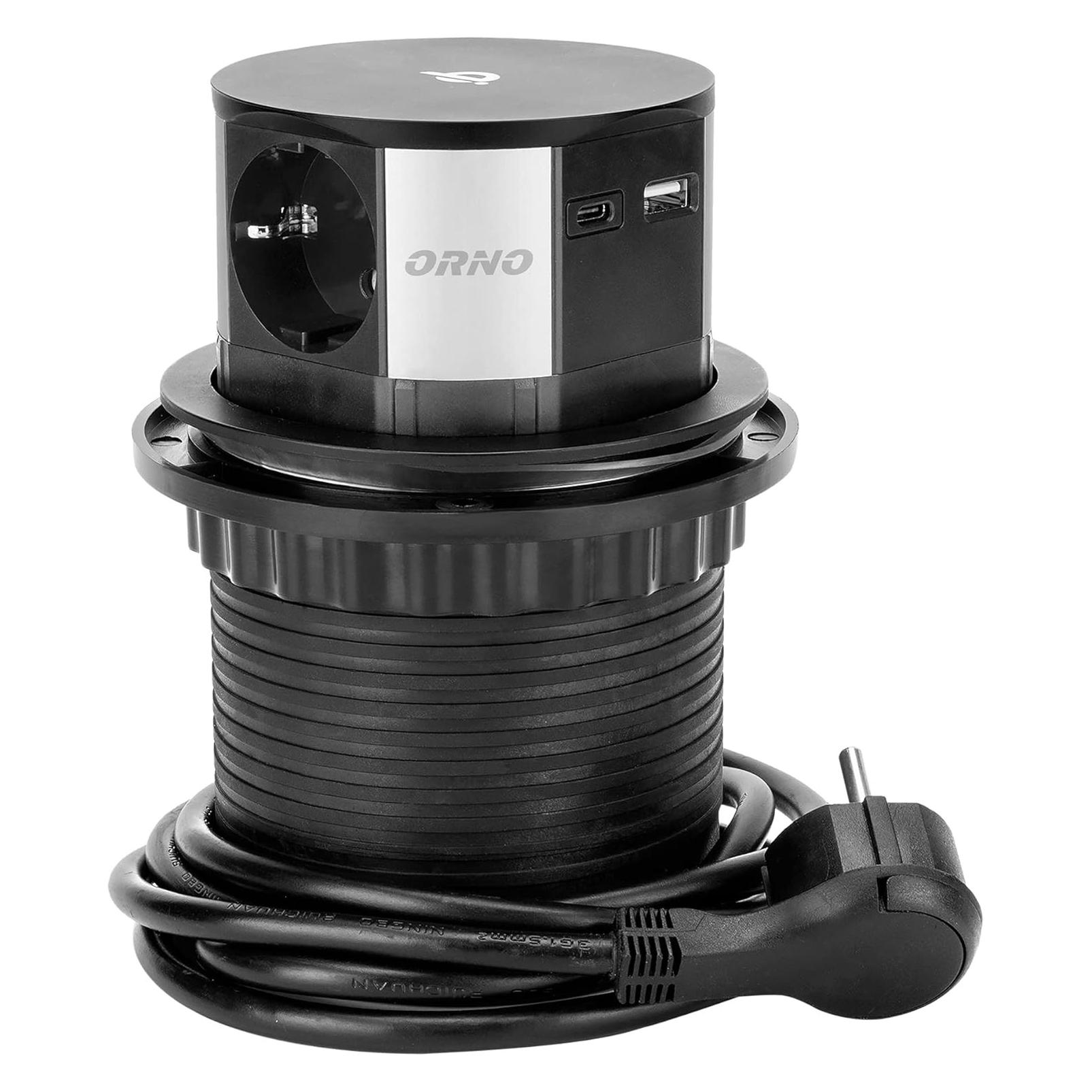 Orno Möbelsteckdose? 10cm von oben ausziehbar mit induktivem Ladegerät, USB-Ladegerät und 1,5m Kabel, 3x (3x, Typ 23, 1.50 m) (OR-GM-9017(GS))