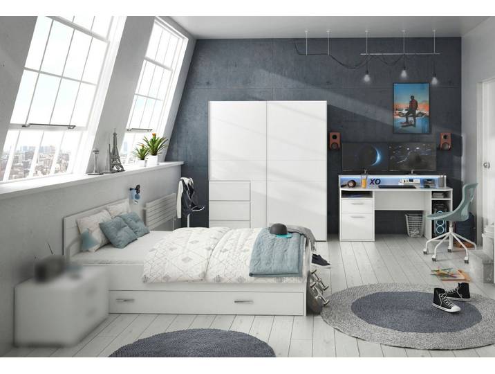 möbel-direkt.de Jugendzimmer-Set Gamingzimmer Tezaur Snow in Weiß mit Tiefziehfronten, (Komplett Set, 4-tlg., in verschiedenen Varianten wählbar), RGB- LED- Beleuchtung, ABS- Kanten, Bett mit Bettschubkasten