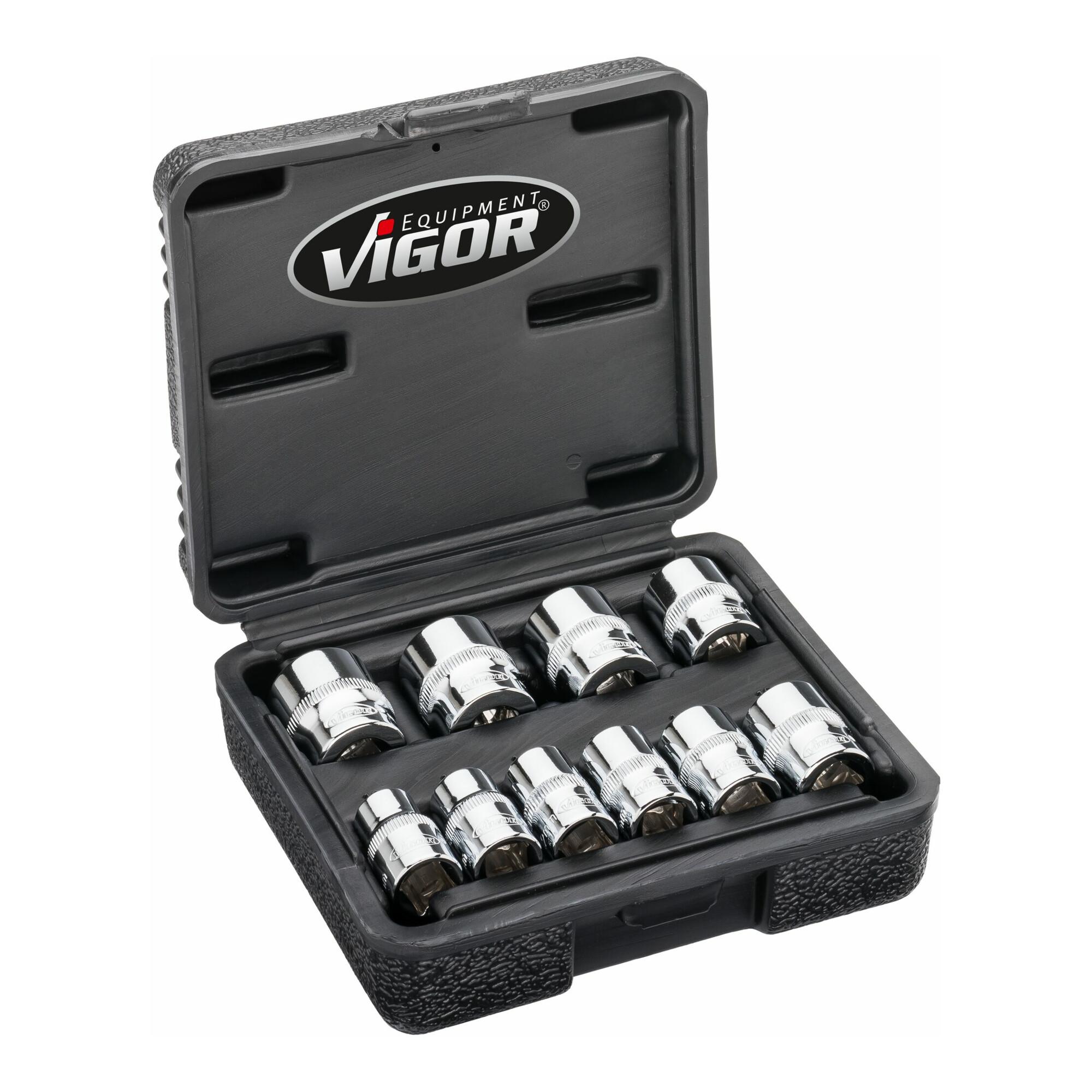 VIGOR Doppelsechskant Steckschlüssel Satz, V7538/10, 3/8 Zoll (10 mm) Vierkant, Außen Doppelsechskant Profil, 10-teilig, 10 – 19 mm)