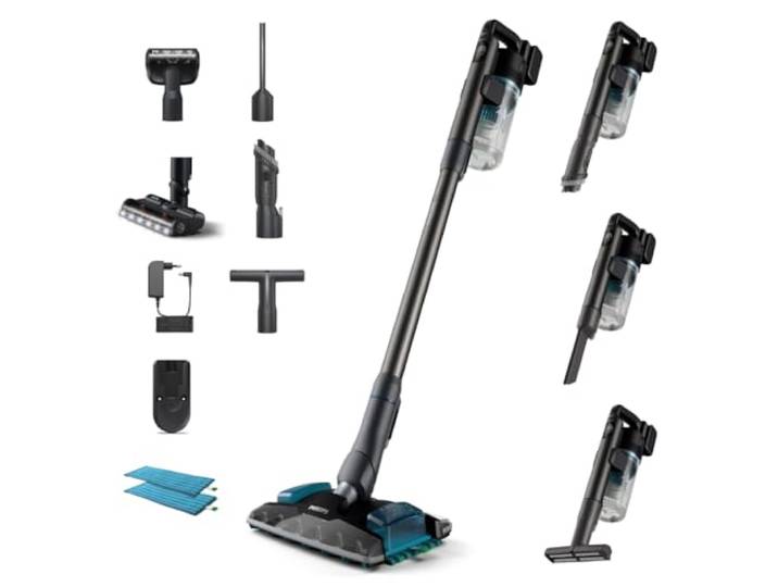 PHILIPS Akku-Staubsauger Aqua Plus 8000 Serie, Grau, 80 Min. Laufzeit Kabellos, Hervorragende Saugleistung, Düsen mit LED-Licht, Tierhaardüse, Aqua-Düse, Anti-Allergie-Filterung (XC8055/01)