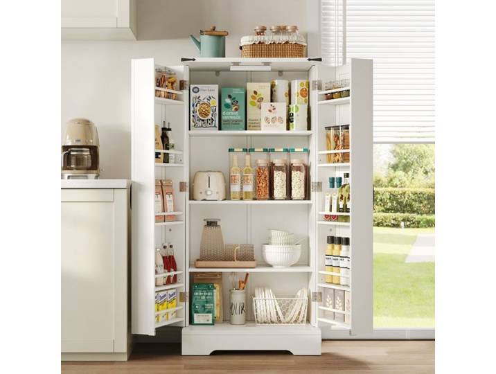 Buffet de cuisine - 60x35x128 5 cm - Armoire de rangement style ferme avec éclairage LED et étagères réglables - Blanc